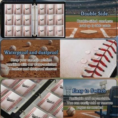 Trading Card Binder 9 Pocket, Retro Baseball Card Binder Holds 900 Cards with 50 Removable Sleeves, Waterproof PU Leather with Zipper Card Collector Album Book Compatible with TCG Cards - color: Retro Baseball