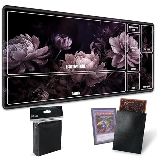 Board Game Mat TCG Playmat Plus 50 Pcs Card Sleeves, 24 x 14 inches Table Mats Games Mousepad with Zones Smooth Surface for MTG RPG CCG Trading Card Game Play Mats, Peony - color: Peony, size: Zone 1