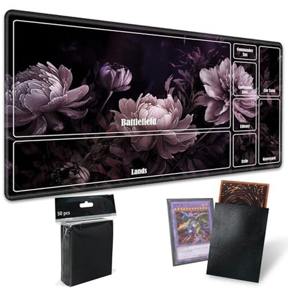 Board Game Mat TCG Playmat Plus 50 Pcs Card Sleeves, 24 x 14 inches Table Mats Games Mousepad with Zones Smooth Surface for MTG RPG CCG Trading Card Game Play Mats, Peony - color: Peony, size: Zone 1