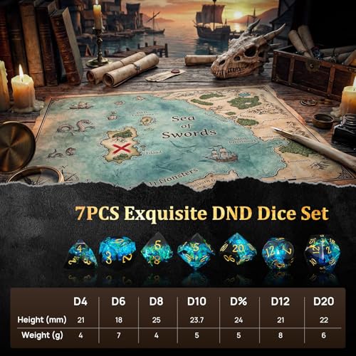 MoKo Resin DND Dice Set, 7PCS Sharp Edge Polyhedral, Dark Green+Blue | Gold Numbers, D&D RPG Tabletop Games, Gift Box Storage Bag, D20 D12 D10 D8 D6 D4 D% - color: 3 - Dark Green+blue
