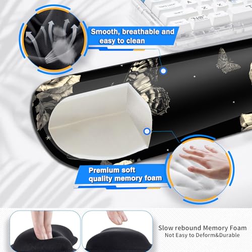 Large Gaming Mouse Pad+ Keyboard Wrist Rest Set, Ergonomics Memory Foam Mouse Mat Wrist Rest Support for Home Office, Waterproof Extended Mousepad 31.5x11.8in, Rose and Butterfly Black Desk Pad - color: Yvb-mousepad-9-f-153