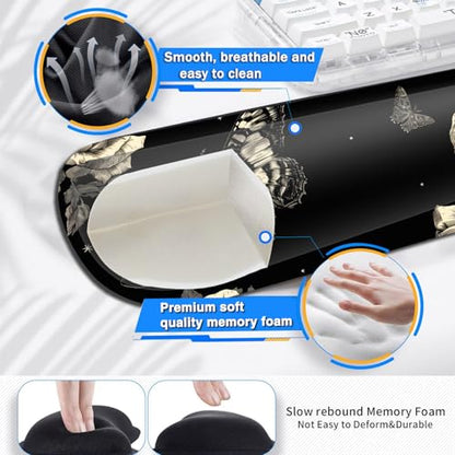 Large Gaming Mouse Pad+ Keyboard Wrist Rest Set, Ergonomics Memory Foam Mouse Mat Wrist Rest Support for Home Office, Waterproof Extended Mousepad 31.5x11.8in, Rose and Butterfly Black Desk Pad - color: Yvb-mousepad-9-f-153