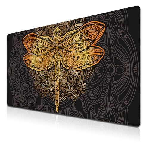 Gaming Desk Mats Gold, Desk Mouse Pad Extra Large Mouse Pads, Pad for Mouse Non-Slip Rubber Base Waterproof with Stitched Edges, 35.4 X 15.7 inch for Work/Game/Office/Home Dragonfly Mandala - color: Dragonfly Mandala