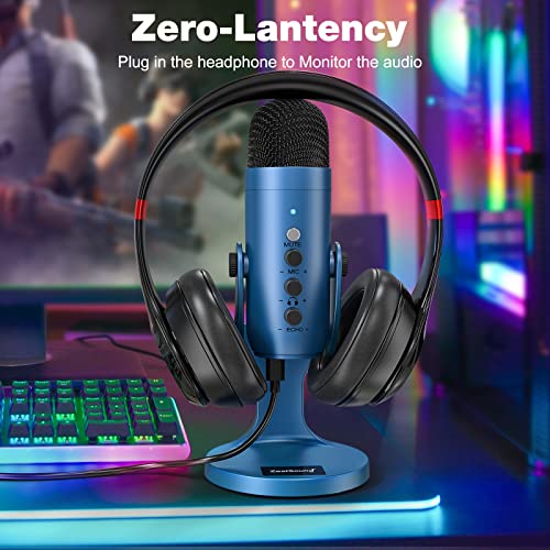 ZealSound Podcast Microphone for PC, Noise Cancellation USB Mic with Gain, Volume Adjustment & Mute Button, Monitoring & Echo, for YouTube, TikTok, Podcasting, Streaming, iPhone, iPad, Android(Blue) - color: Blue