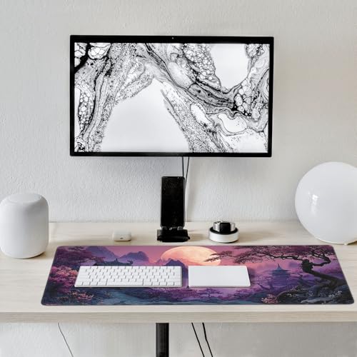 Large Gaming Desk Mat, Fantasy Japanese Temple Design, Purple, 35.4" x 15.7", Non-Slip Rubber Base, Stitched Edges - color: Modern starry sky pattern print