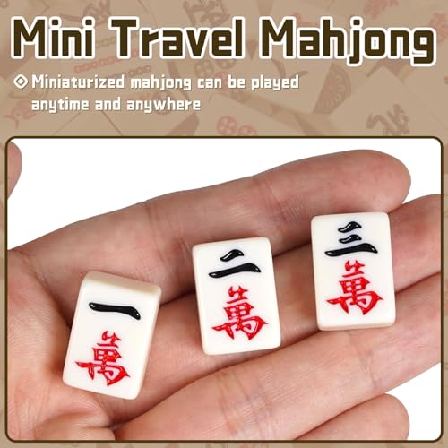 Portable Mini Chinese Mahjong Set with 146 Melamine Tiles Compact Brown Carrying Case for Camping, Family Game Night Camping, Beach & Halloween Christmas Easter Party