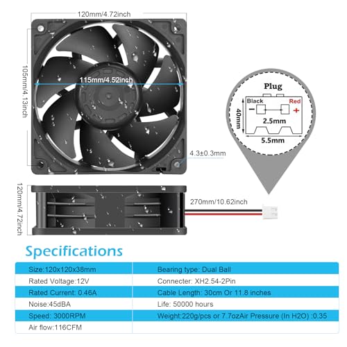 Wathai IP67 120mm x 38mm 12V Waterproof Exhaust Fan Dual Ball High Speed | IP67 3000RPM High Preformance for Greenhouse, Van, Humid Environments, Outdoor Enclosures or DIY Cooling Ventilation - size: 120x38mm