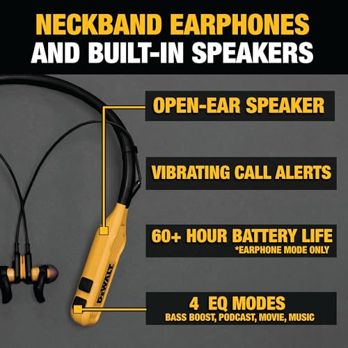 DEWALT 튼튼한 투인원 넥밴드 블루투스 헤드폰, 내장 스피커 포함, Jobsite 웨어러블 스피커 및 어라운드 넥 헤드폰, 무선 블루투스 헤드셋, 60시간 이상 핸즈프리 음악/통화, 휴대용 파우치 - color: 옐로우와 블랙.