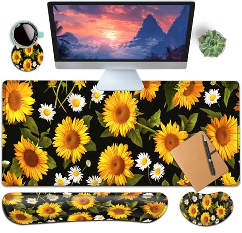 Large Gaming Mouse Pad+ Keyboard Wrist Rest Set, Ergonomics Memory Foam Mouse Mat Wrist Rest Support for Home Office, Waterproof Extended Mousepad 31.5x11.8in, Sunflower Flowers Black Desk Pad - color: Yvb-mousepad-9-f-169
