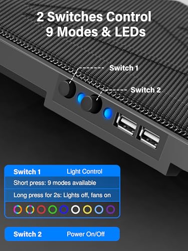 Kootek Laptop Cooling Pad, Laptop Cooler with 5 Quiet Fans for 12"-17" Computer PC Notebook Gaming Laptop Fan, Height Adjustable Laptop Cooling Stand Laptop Accessories (Multi Colors)