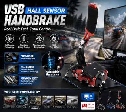Sim Racing Handbrake USB for PC for windows, Hall Sensor for drift Handbrake with Adjustable Resistance, Aluminum Alloy Racing Simulator Accessory Compatible with for logitech G27 G29 G920 T300 T500