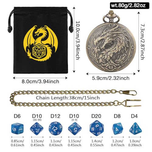 Mini DND Dice Set with Steampunk Dragon Large Pocket Watch Shell Case, 7-Piece Polyhedral Acrylic D&D Dice, DND Gift Bag with Dragon Logo, Role Play Board Game Accessories, Bronze + Blue - color: Bronze + Blue