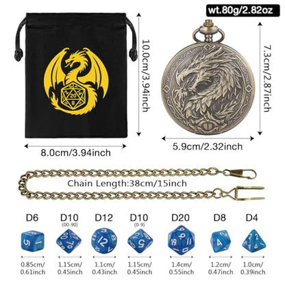 Mini DND Dice Set with Steampunk Dragon Large Pocket Watch Shell Case, 7-Piece Polyhedral Acrylic D&D Dice, DND Gift Bag with Dragon Logo, Role Play Board Game Accessories, Bronze + Blue - color: Bronze + Blue