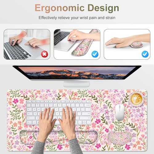 Large Gaming Mouse Pad Set, Ergonomics Keyboard Desk Mat with Memory Foam Wrist Rest, Computer PC Extended Game Mousepad, Non-Slip Desk Matt Easy Typing Pain Relief I Artistic Colroful Flowers - color: Artistic Colroful Flowers