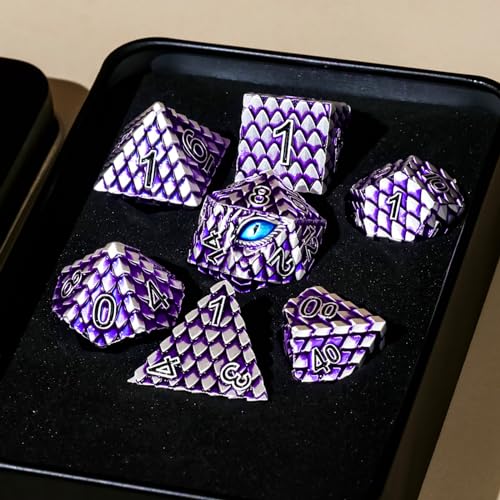 Metal Dice Set D&D,7 PCS Dragon Scale Metallic DND Dice Set,Dragon Eye Metal Dice with Grogeous Gift Case for Dungeons and Dragon Tabletop Game (Purple Dragon Scale & Blue Eye) - color: Purple Dragon Scale & Blue Eye