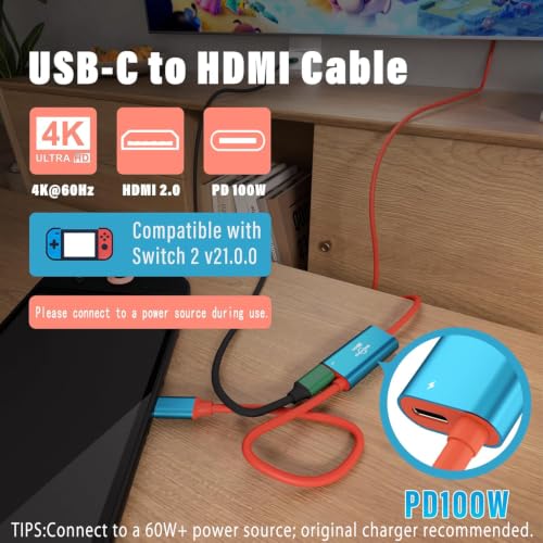 Switch 2 Dock Portable TV Docking Station Compatible with Nintendo Switch / Switch2 / Steam Deck/ROG Ally X USB-C to HDMI Cable 4K@60HZ / HDMI 2.0 / USB3.0 5Gbps / PD3.0 100W TV Dock Station - size: 1.8m