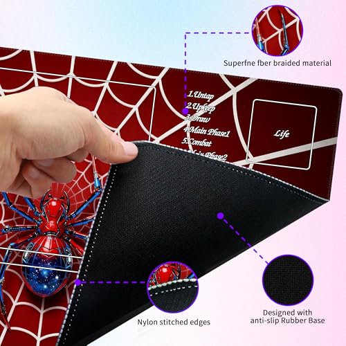 MTG Playmat with Storage Tube & 7-Dice Set - Waterproof TCG Playmat with Stitched Edges, Non-Slip Rubber Card Game Mat (24"x14") (playmat with Zones, Spider) - color: Spider, style: playmat with zones