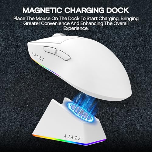 MechLands AJAZZ AJ139 V2 MC Gaming Mouse with Charging Base, Adjustable 12,000 DPI, PAW3311 Sensor, 3 Modes Wireless Mouse, 500mAh Battery, 1000 Polling Rate, 66g Lightweight, Win/Mac (White) - color: White