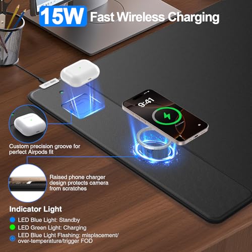 Magnetic Wireless Charging Mouse Pad, 31.5"x15.8" in, Black | Large Gaming Desk Mat, Non-Slip Base, Waterproof Ultra-Smooth Keyboard Pad for Gamer, Office & Home - color: Black-31.5"x15.8"