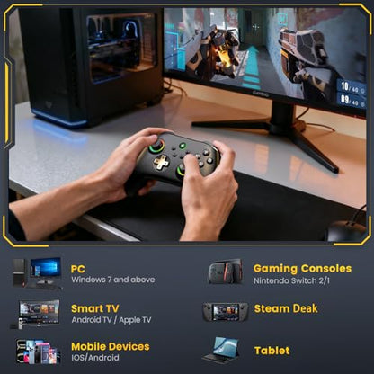 Wireless PC Controller with Charging Dock - Dual Hall Effect for Zero Drift, 1000Hz Low Latency, Ergonomic RGB Design for Windows PC/Steam/Switch/Android/iOS - color: Black and Yellow-with Charger