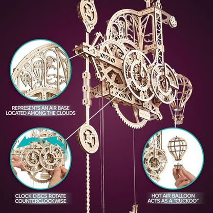UGEARS Aero Clock Wooden 3D Puzzles for Adults - Mechanical Wooden Model Kits for Adults to Build, Wall Clock 3D Puzzle with Pendulum Model Kit, DIY Miniature Kit Crafts Gift for Fathers Day - style: Aero Clock