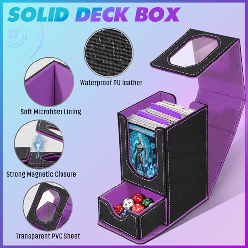 Card Deck Box for MTG Commander, Fits 100+ Double-Sleeved Cards Card Case | with Detachable Dice Tray, 2 Dividers, Removable lid, Trading Card Storage Box, Sturdy and Durable, Fits TCG/PTCG/Sports Card - color: Black and Purple