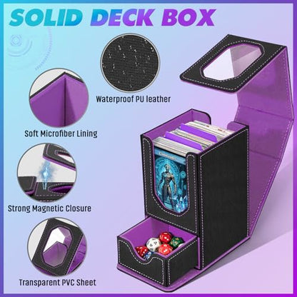 Card Deck Box for MTG Commander, Fits 100+ Double-Sleeved Cards Card Case | with Detachable Dice Tray, 2 Dividers, Removable lid, Trading Card Storage Box, Sturdy and Durable, Fits TCG/PTCG/Sports Card - color: Black and Purple