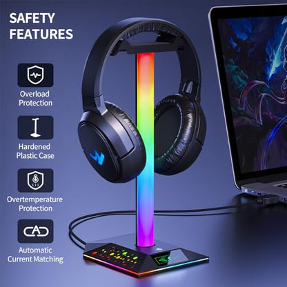 Gaming Headset Stand, RGB Headphone Holder with 2 USB Ports for Desk | RGB lighting effects, 2 USB charging ports, sturdy non-slip base. Perfect for gaming desk, office, gift for gamers.