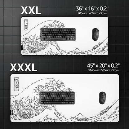 Hystar® Extended Gaming Mouse Pad | XXL 36" x 16" | 5mm Thick, Waterproof Surface, Smooth Polyester Fabric, and Natural Rubber Base | The Great Wave (White) - color: White, size: 36L x 16W inches