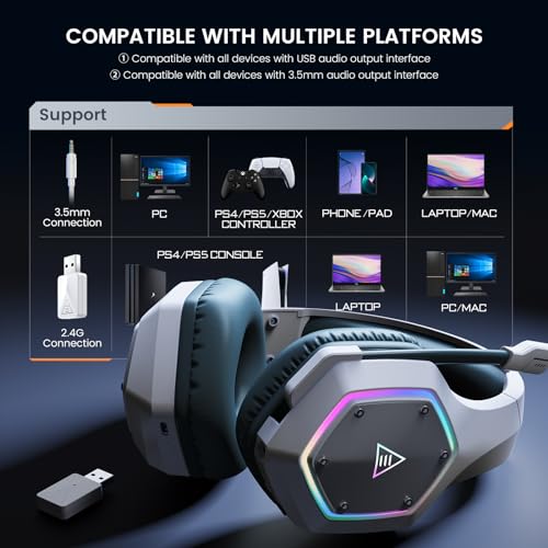 EKSA 2.4GHz Wireless Gaming Headset for PC, PS4, PS5, Gaming Headphones with Noise Cancelling Microphone, 7.1 Surround Sound, 36-Hr Battery Gamer Headset for Computer, Laptop, 3.5mm Wired Headphones - color: Blue