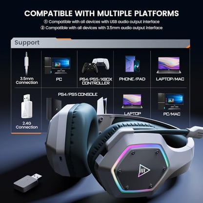 EKSA 2.4GHz Wireless Gaming Headset for PC, PS4, PS5, Gaming Headphones with Noise Cancelling Microphone, 7.1 Surround Sound, 36-Hr Battery Gamer Headset for Computer, Laptop, 3.5mm Wired Headphones - color: Blue