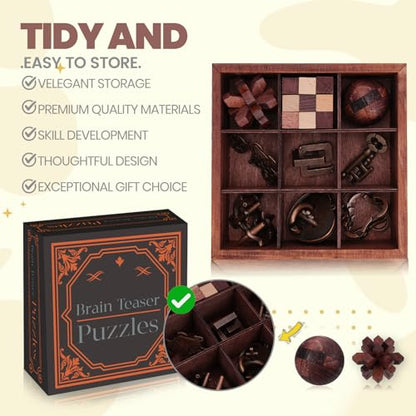 9 Pcs Brain Teaser Puzzles for Adults Teens - Brain Teaser Puzzles with Wooden Box 3D Puzzle Game Toys for Adults Teens - Unlock Interlocking Puzzle Adults Teens IQ Education Smart Toys - color: Style E