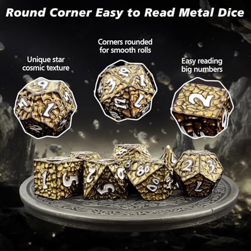 PJOY Metal D&D Dice Set for Dungeons and Dragons Dice with Case Meteorite Black Gold Glitters 7PCS 16mm Role Playing Cool DND Gifts for Players DM Board Game Masters - color: Black Gold