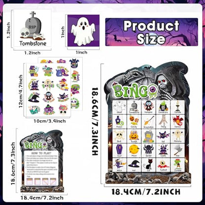 39 Pcs Halloween Party Bingo Game for Adults Kids 24 Players Tomb Shaped Bingo Game Card with Rewards Stickers for Families Friends Students Large Group Gathering Activities Boo Spooky Party Favors - style: Halloween Tomb