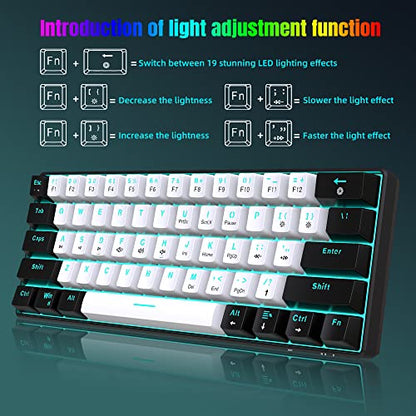 Snpurdiri 60% Mechanical Gaming Keyboard (Black-White, Brown Switches) | Ice Blue LED Backlit 61 Keys Mini Wired Office Keyboard for Windows Laptop PC Mac - color: Black White/Brown Switch