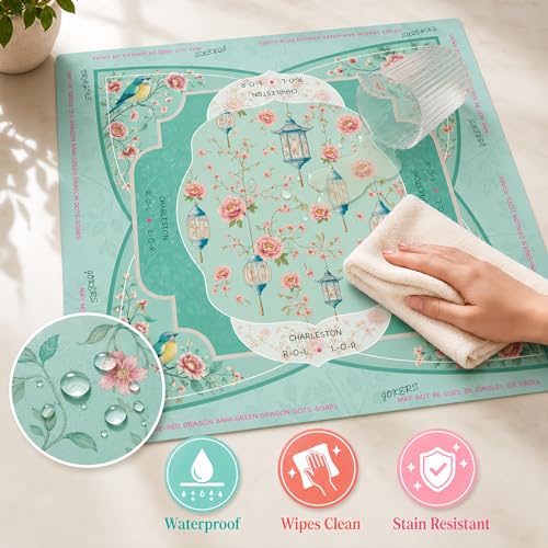 Mahjong Mat 31.5x31.5 Inch, Non-Slip Rubber 3mm American Mahjong Mat with Rules, Lantern Hand-Painted Look Noise Reducing Game Neoprene Mat for Table (Floral Lantern) - color: Floral Lantern