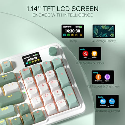 Redragon K719 Wireless Gasket Gaming Keyboard w/Hype Screen & Knob, 95 Keys Mechanical Keyboard, Easy-Control 1.14’’ TFT Info Display, 5-Layer Noise Dampening, Custom Linear Switch, Jade Cloud Color - color: Jade Cloud