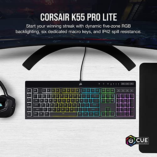 Corsair K55 PRO LITE RGB Wired Membrane Gaming Keyboard (5-Zone Dynamic RGB Backlighting, Six Macro Keys with Stream Deck Integration, IP42 Dust and Spill Resistant, Dedicated Media Keys) Black - style: K55 PRO LITE RGB Frustration Free Packaging