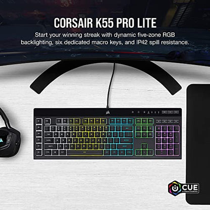 Corsair K55 PRO LITE RGB Wired Membrane Gaming Keyboard (5-Zone Dynamic RGB Backlighting, Six Macro Keys with Stream Deck Integration, IP42 Dust and Spill Resistant, Dedicated Media Keys) Black - style: K55 PRO LITE RGB Frustration Free Packaging