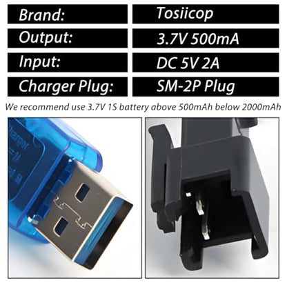 3.7V Lipo Battery Charger - SM-2P Cable RC Toy Remote Control Car Vehicle Rechargeable Li-ion Batteries Chargers USB for Bunch Bubble Gun Stunt Truck Boat 2 Pack