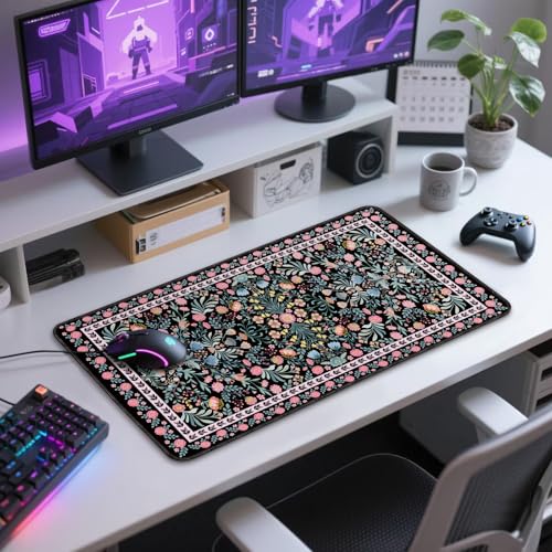 Black Floral Desk Mat Large Mouse Pad 31.5"x15.7" Non-Slip | Extended Mousepad, Non-Slip Rubber Base , Stitched Edges, for Computer/Laptop/Office/Home - color: Black Floral