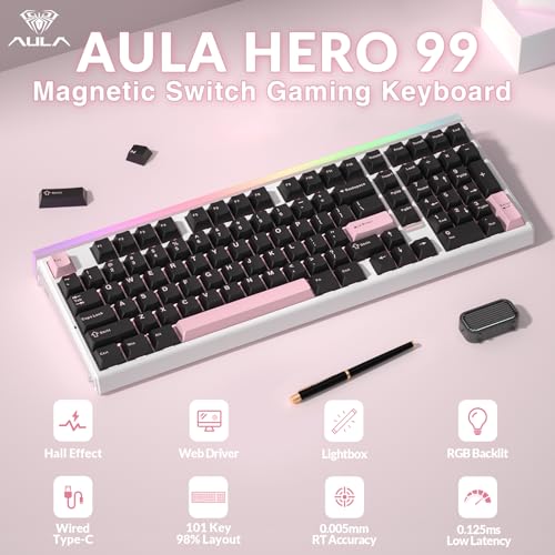 Aula Hero 99 Wired Gaming Keyboard, Hall Effect Switch with Rapid Trigger | Magnetic Switch Keyboard with Number Pad, 101Keys Hot Swap,Web Driver RGB Backlit Mechanical Keyboard for Office PC Gamer - color: Black Pink