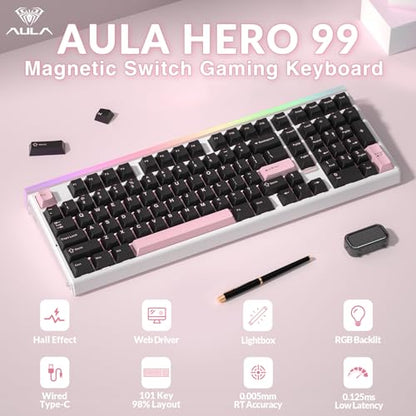 Aula Hero 99 Wired Gaming Keyboard, Hall Effect Switch with Rapid Trigger | Magnetic Switch Keyboard with Number Pad, 101Keys Hot Swap,Web Driver RGB Backlit Mechanical Keyboard for Office PC Gamer - color: Black Pink