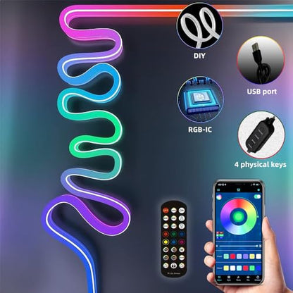 9.8FT USB LED Neon Rope Light,Smart RGB IC Led Strip Lights for Bedroom,Music Sync LED Neon Light Strip,APP and 24Keys Wireless Remote,DIY Ideas,Gaming Room,Home Decorations,Christmas Gift
