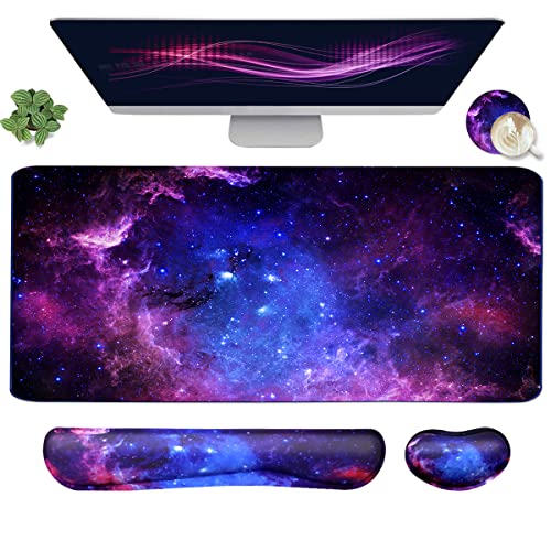 Large Mouse Pad and Keyboard Wrist Rest, Desk Pad for Keyboard and Mouse, 4-in-1 Large Gaming Mouse Pad with Wrist Support, Desk Mat for Home Office Study Game-Galaxy Fluid - color: Galaxy