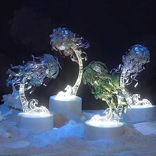 Piececool 3D Puzzles for Adults, Jellyfish Night Light with USB Plug, Ocean Animals 3D Metal Model Building Kits, Hobbies DIY Assembling Arts and Crafts - color: Blue