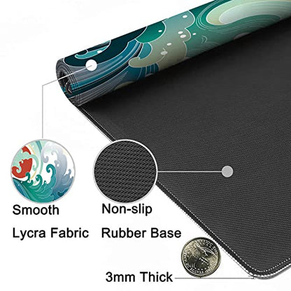 Ocean Wave and Sun Desk Mat,Traditional Japanese Wave Extended Gaming Mouse Pad,Large Non-Slip Rubber Base Mousepad with Stitched Edges,Waterproof Mouse Mat Desk Pad for Office Game Home 35.4x15.75 in - color: Traditional Japanese Wave