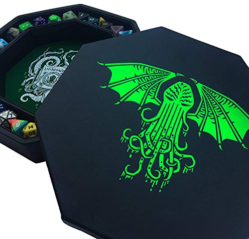 Fantasydice-Cthulhu Tome-Green - Dice Tray - 9" Octagon with Lid and Dice Staging Area- Holds 5 Sets(7 Dice Set/Standard) for All Tabletop RPGs Like D&D, Call of Cthulhu, Shadowrun. - color: Green