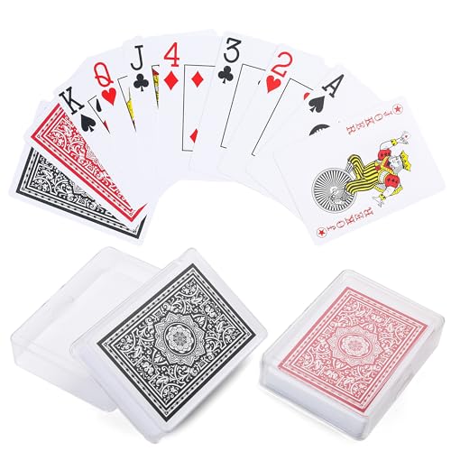 LotFancy Waterproof Playing Cards, Large Print, 100% Plastic, 2 Decks of Cards with Plastic Cases, for Texas Hold'em, Pool Beach Water Card Games, Jumbo Index Poker Size - style: Red Black Back Jumbo Index