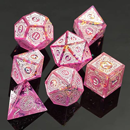 Cusdie 7-Piece Polyhedral DND Dice Set with Sharp Edges, Handcrafted Dice Featuring Rune-Inspired Designs for Role Playing Games (Pink) - color: Pink Pattern-pink White